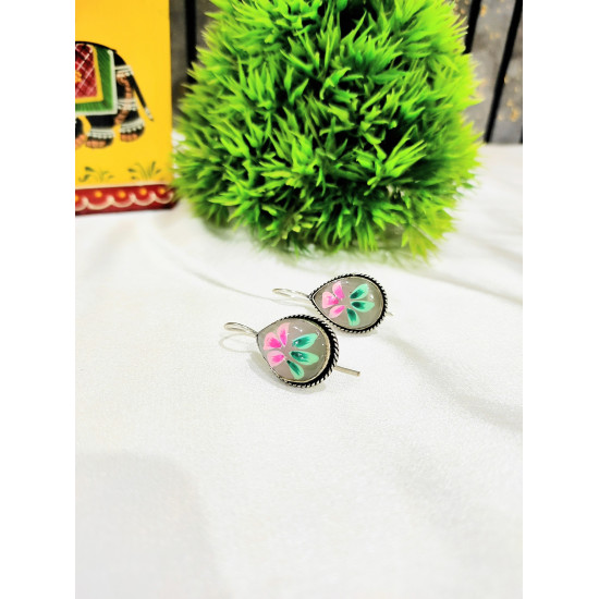 Hand Painted Pan Silver oxidised Hook Earrings - Officer Wear Earrings 