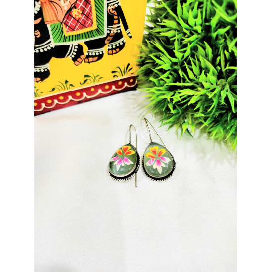 Hand Painted Pan Silver oxidised Hook Earrings - Officer Wear Earrings 