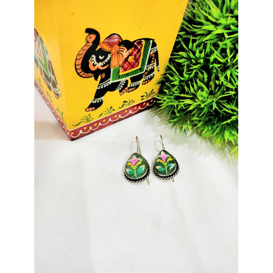 Hand Painted Pan Silver oxidised Hook Earrings - Officer Wear Earrings 