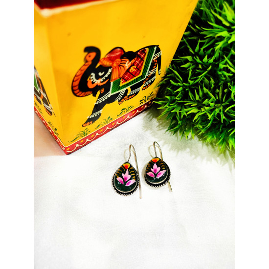 Hand Painted Pan Silver oxidised Hook Earrings - Officer Wear Earrings 