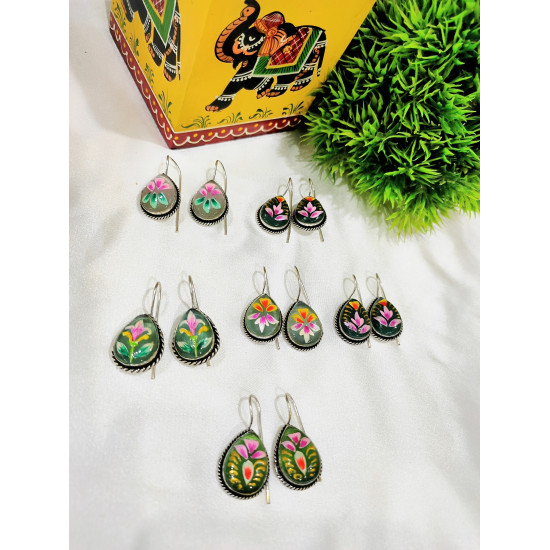 Hand Painted Pan Silver oxidised Hook Earrings - Officer Wear Earrings 